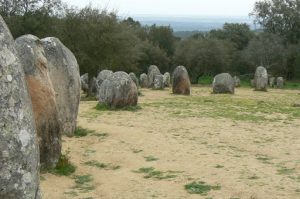 Portugal, Evora: The Cromlech of the Almendres overlooking  the valley