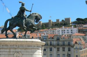 Portugal, Lisbon: Plaza Commercio statue of King Dom Jose I and St