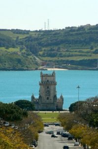 Portugal, Lisbon: view toward harbor and Belem Tower; Built in 1515