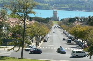 Portugal, Lisbon: view toward harbor and Belem Tower;