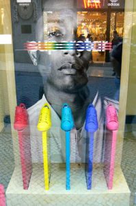 Portugal, Lisbon: rainbow colored sneakers
