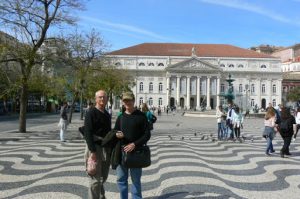 Portugal, Lisbon: Richard and Michael in decorative Plaza Dom Pedro