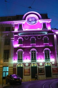 Portugal, Lisbon: nighttime photo of small Trinidad Theatre