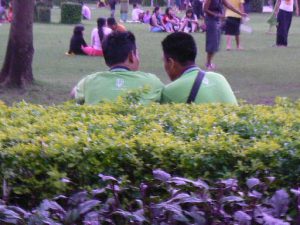 Burma, Rangoon: two students in Mahabandoola Garden