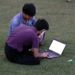 Burma, Rangoon: Mahabandoola Garden; two students