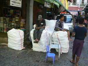 Burma, Rangoon: Bogyoke Aung San Market delivery boys