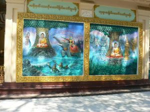 Burma, Rangoon; Shwedagon Pagoda; murals of Buddha's life