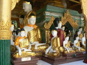 Burma, Rangoon; Shwedagon Pagoda Buddha statues