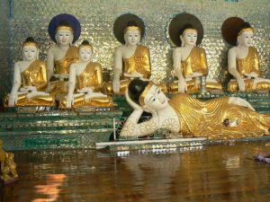 Burma, Rangoon; Shwedagon Pagoda Buddha statues