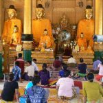 Burma, Rangoon; Shwedagon Pagoda; shrine and devotees