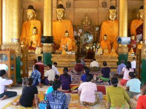 Burma, Rangoon; Shwedagon Pagoda; shrine and devotees
