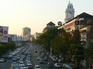 Burma, Rangoon: main boulevard, Strand Road looking west; Port Authority building