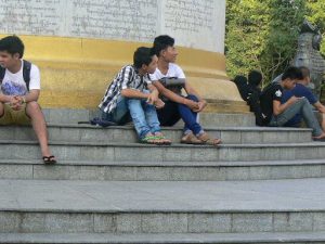 Burma, Rangoon: student friends at  Independence Monument