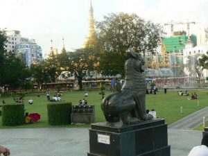 Burma, Rangoon: Mahabandoola Park with Sule Paya in back
