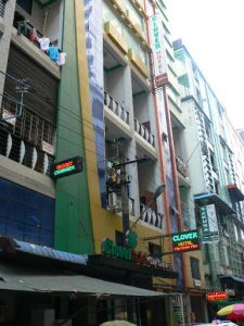 Burma, Rangoon: Clover Hotel facade