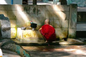 Burma, Mandalay  Maha Ganayon Kyaung Monastery; washing his eating bowl