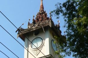 Burma, Mandalay Clock tower of the Maha Ganayon  Kyaung Monastery.