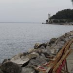 Italy, Trieste: coastline along Adriatic Sea with Maximilian's castle in