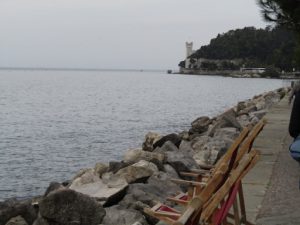 Italy, Trieste: coastline along Adriatic Sea with Maximilian's castle in