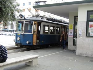 Italy, Trieste city center; trolley to Slovenia border