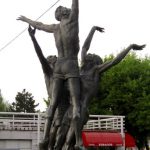 Croatia, Zagreb: sports center; sculpture of volleyball players
