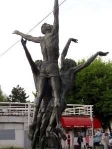 Croatia, Zagreb: sports center; sculpture of volleyball players