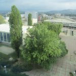 Croatia, Zagreb: view of sports center buildings and plaza in
