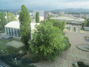 Croatia, Zagreb: view of sports center buildings and plaza in