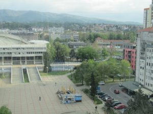 Croatia, Zagreb: view of sports center buildings and plaza in