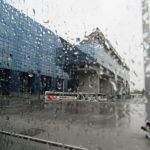 Croatia, Zagreb: view of library through rain splattered window of