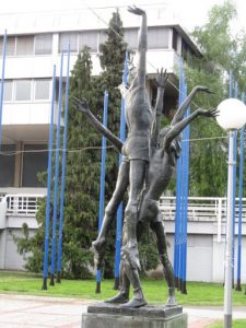 Croatia, Zagreb: sports center; sculpture of volleyball players