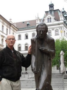 Slovenia, Ljubljana center; close-up of statue of Gustav Mahler with