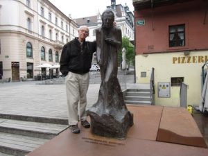 Slovenia, Ljubljana center; Richard with statue of Gustav Mahler (his