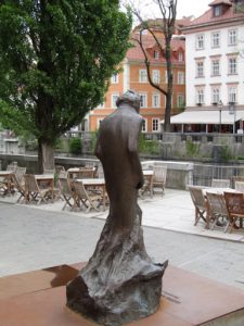 Slovenia, Ljubljana center; back view of statue of Gustav Mahler