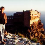 Greece: Mount Athos: Michael outside Simonpeter monastery; slate-like stones on ground