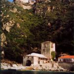 Greece: Mount Athos: Simonpeter monastery viewed from the departure port