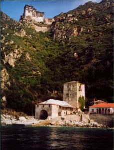 Greece: Mount Athos: Simonpeter monastery viewed from the departure port
